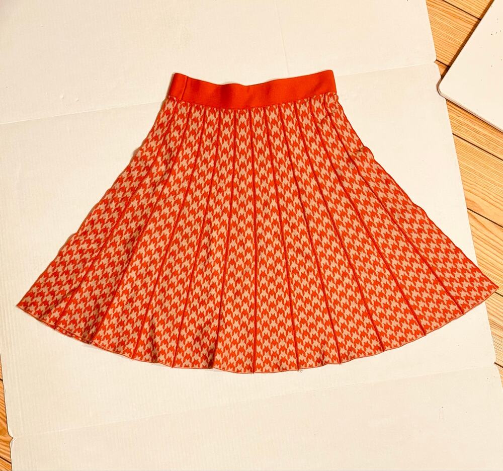 Nick & Mo Anthropologie orange tan houndstooth knit flare high waisted skirt szL